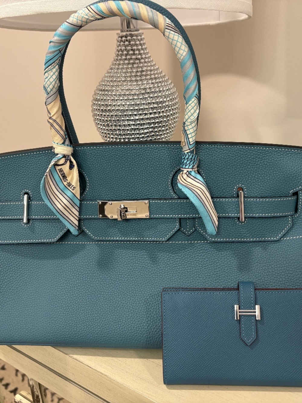 Beautiful Leather Blue Jeans color shoulder bag 42" with a wallet